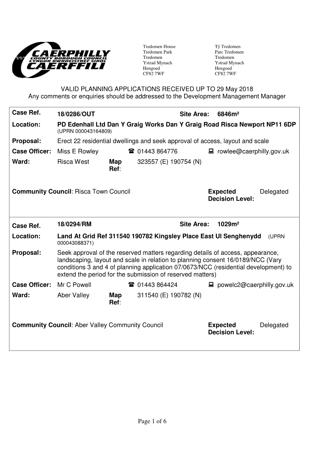 Page 1 of 6 VALID PLANNING APPLICATIONS RECEIVED up to 29 May 2018 Any Comments Or Enquiries Should Be Addressed to the Developm