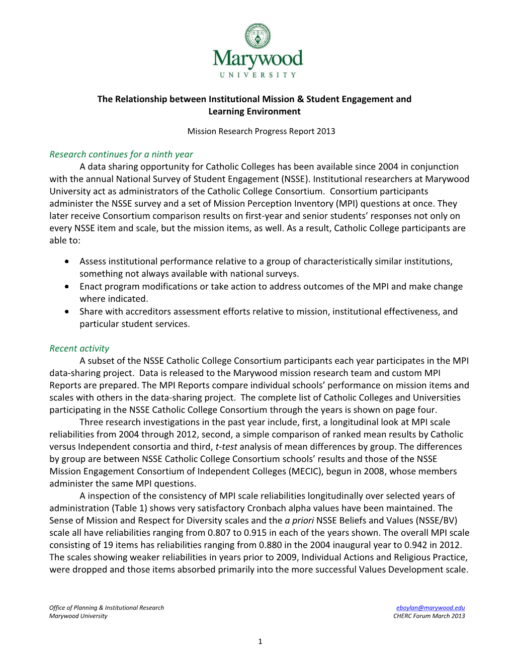 The Relationship Between Institutional Mission & Student Engagement and Learning Environment