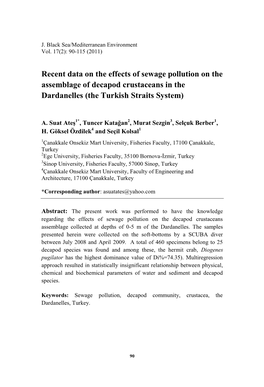 Recent Data on the Effects of Sewage Pollution on the Assemblage of Decapod Crustaceans in the Dardanelles (The Turkish Straits System)