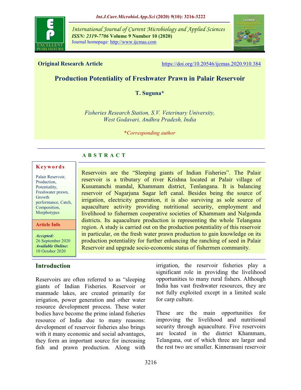 Production Potentiality of Freshwater Prawn in Palair Reservoir