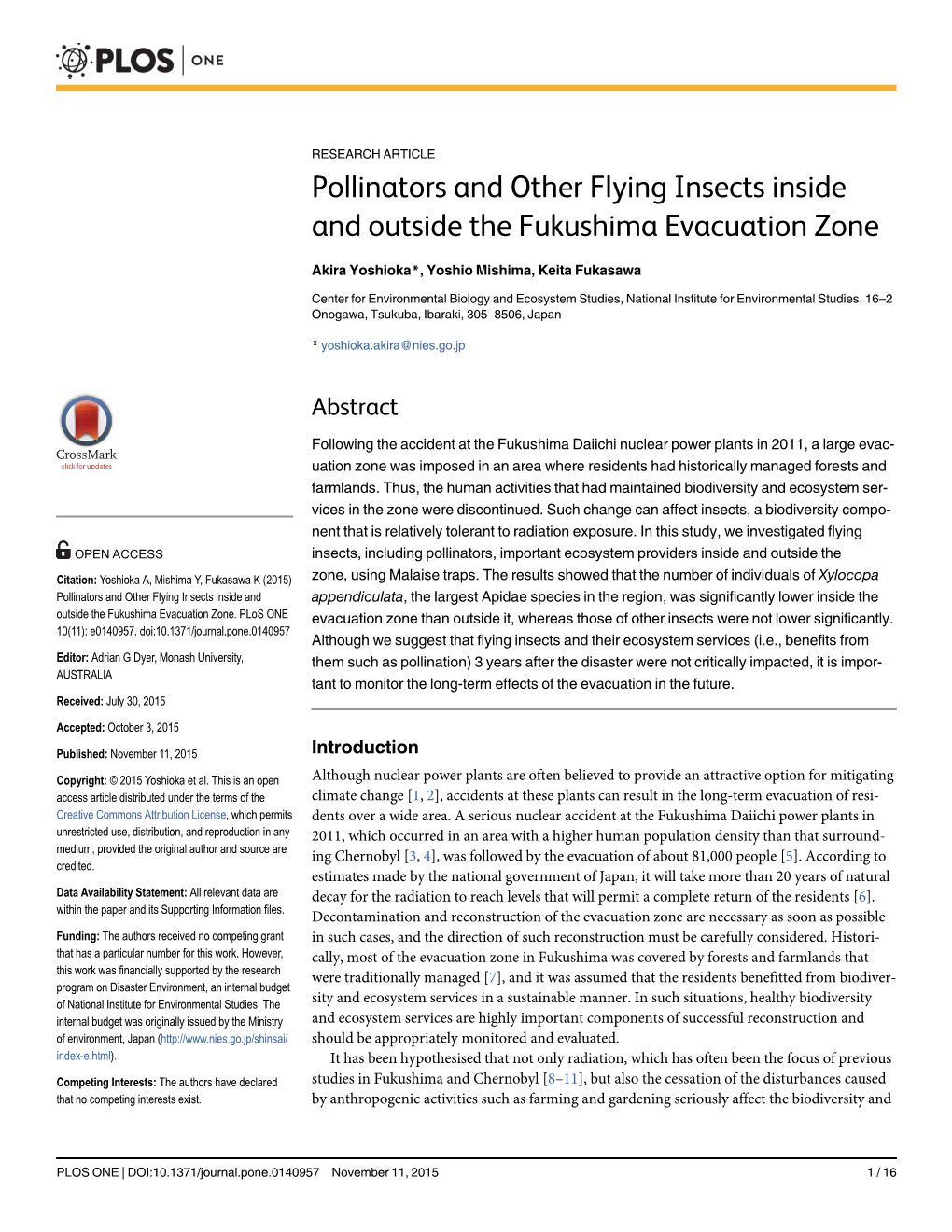 Pollinators and Other Flying Insects Inside and Outside the Fukushima Evacuation Zone