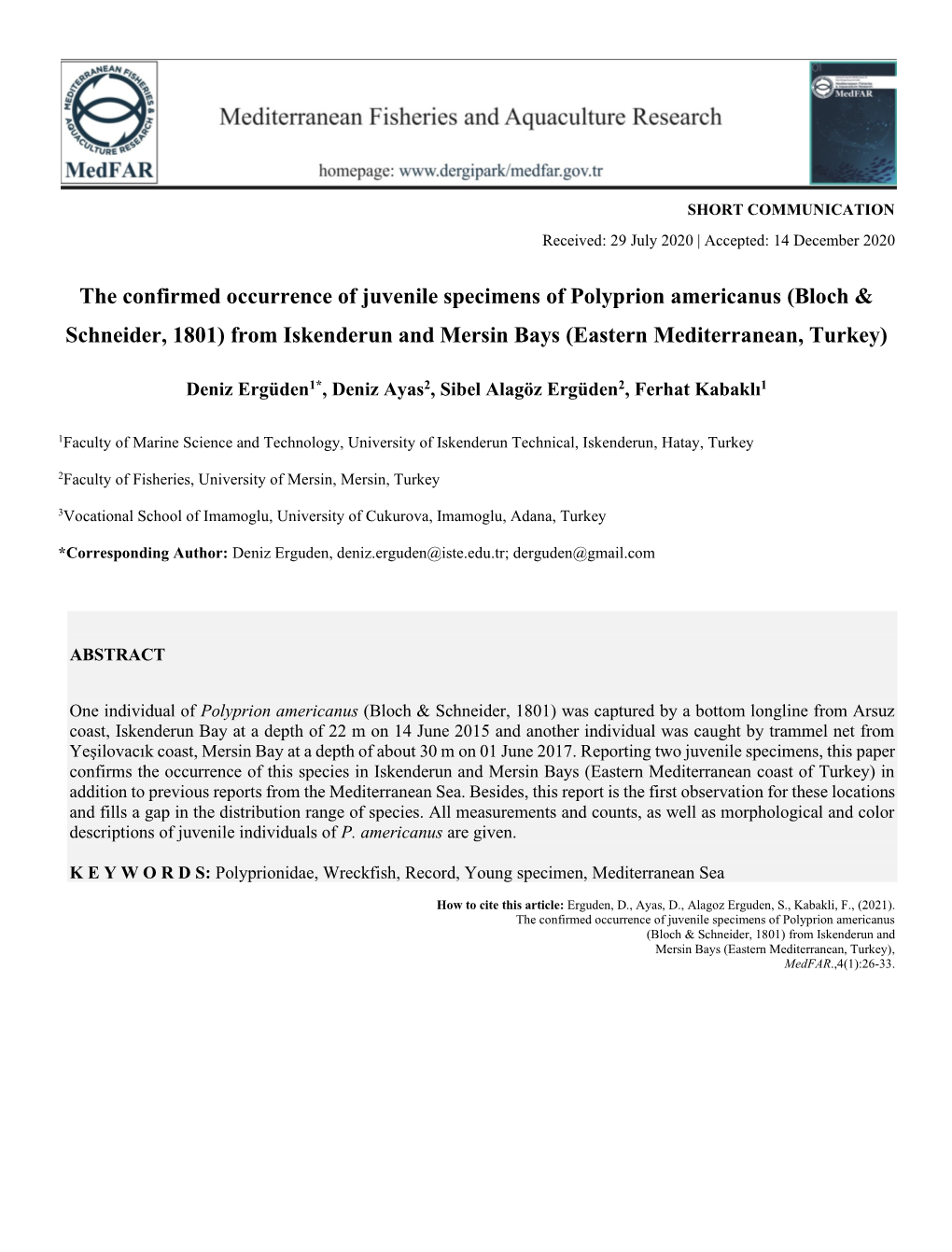 The Confirmed Occurrence of Juvenile Specimens of Polyprion Americanus (Bloch & Schneider, 1801) from Iskenderun and Mersin Bays (Eastern Mediterranean, Turkey)