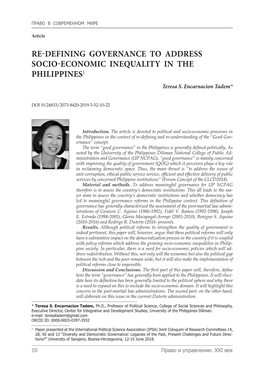 RE-DEFINING GOVERNANCE to ADDRESS SOCIO-ECONOMIC INEQUALITY in the PHILIPPINES1 Teresa S