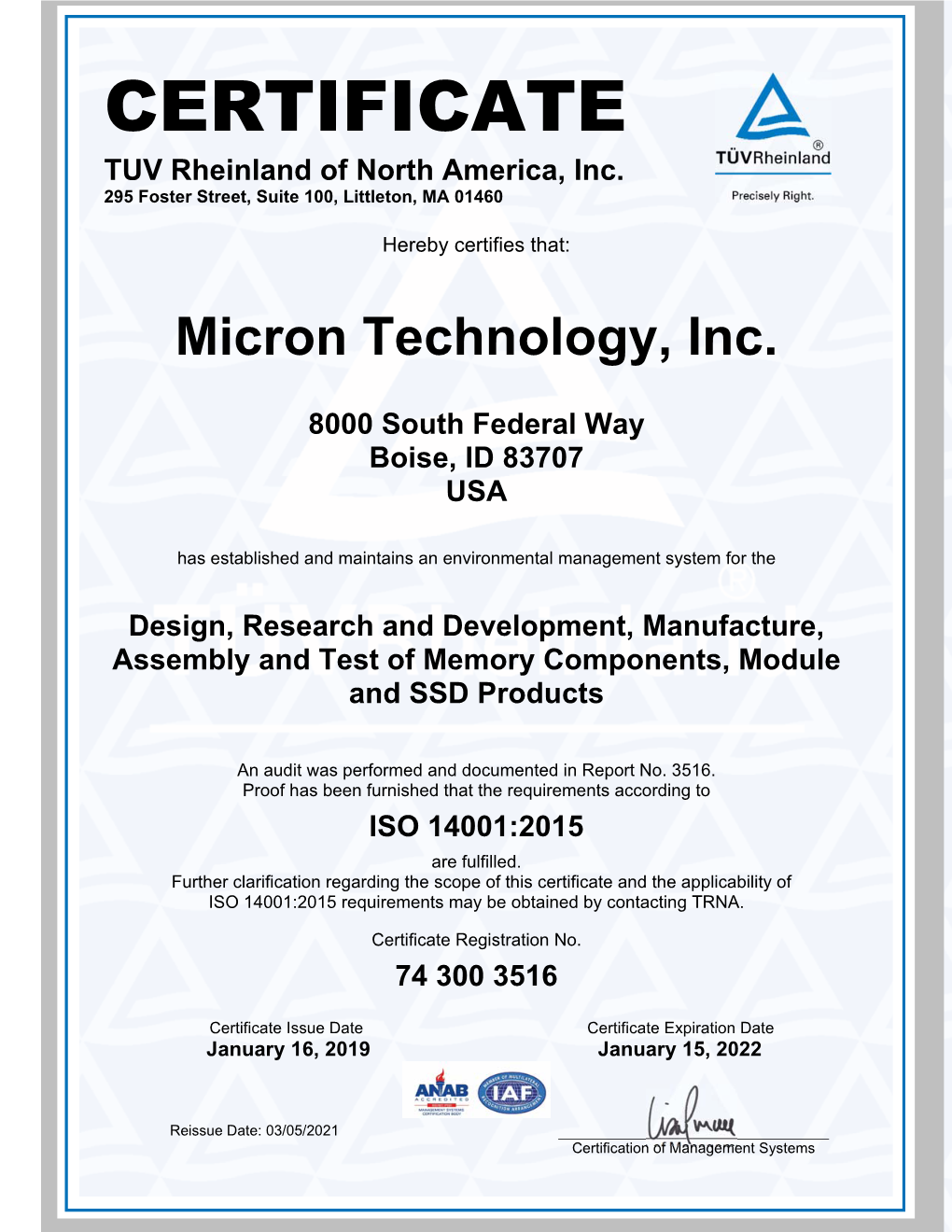 CERTIFICATE TUV Rheinland of North America, Inc