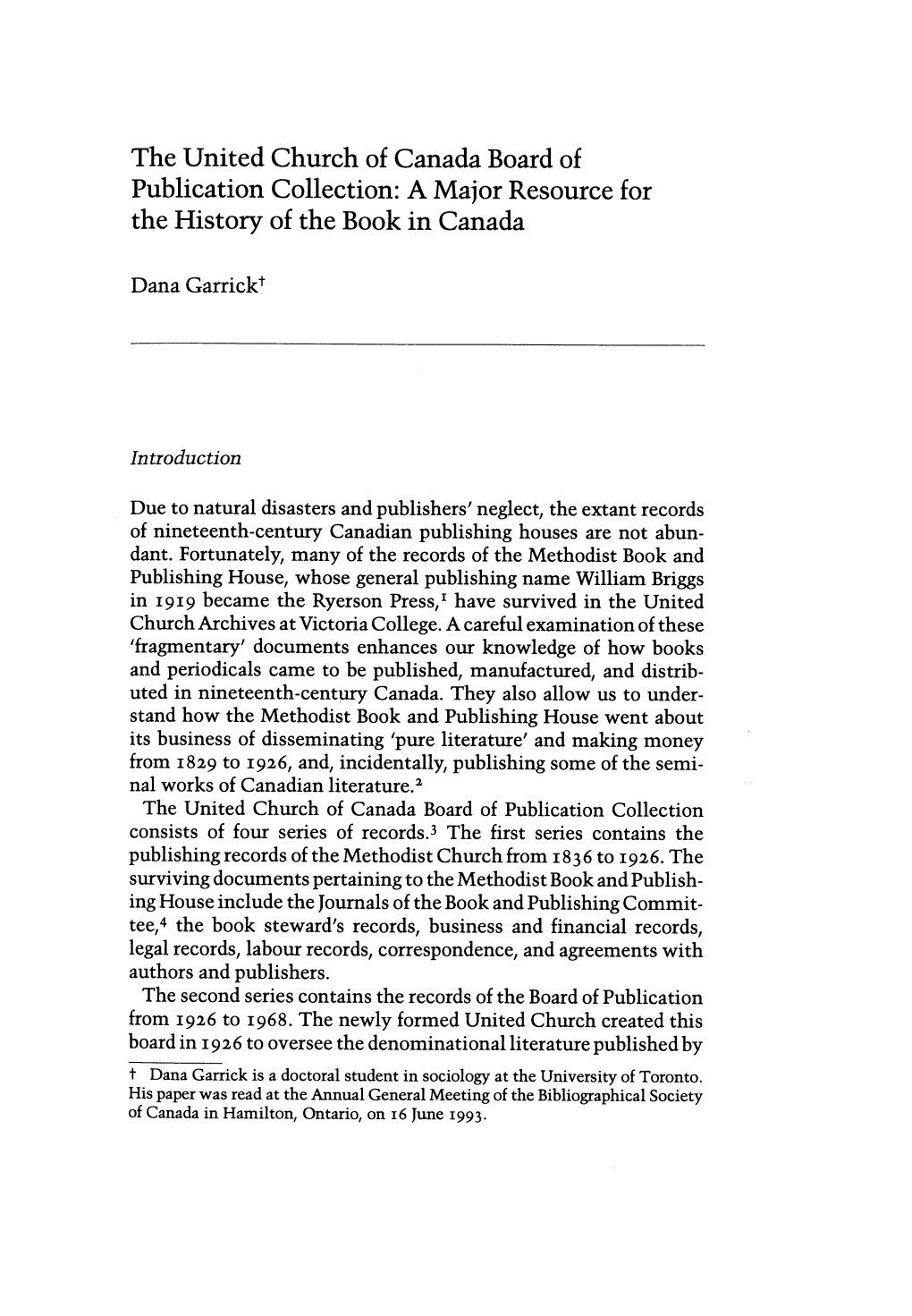 The United Church of Canada Board of Publication Collection: a Major Resource for the History of the Book in Canada