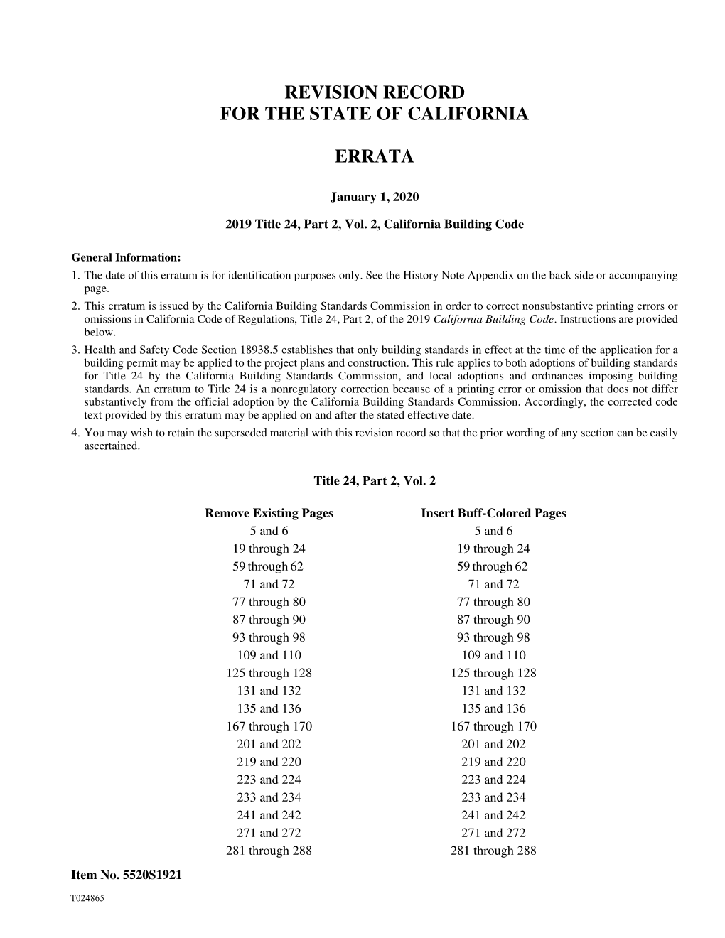 Revision Record for the State of California Errata