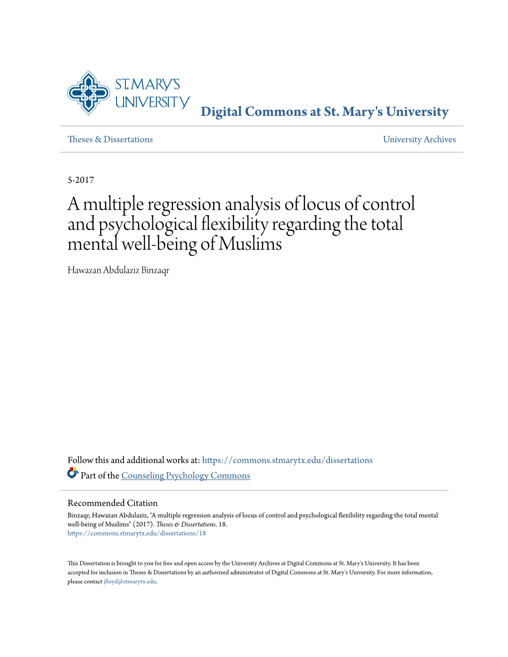 A Multiple Regression Analysis of Locus of Control and Psychological Flexibility Regarding the Total Mental Well-Being of Muslims Hawazan Abdulaziz Binzaqr