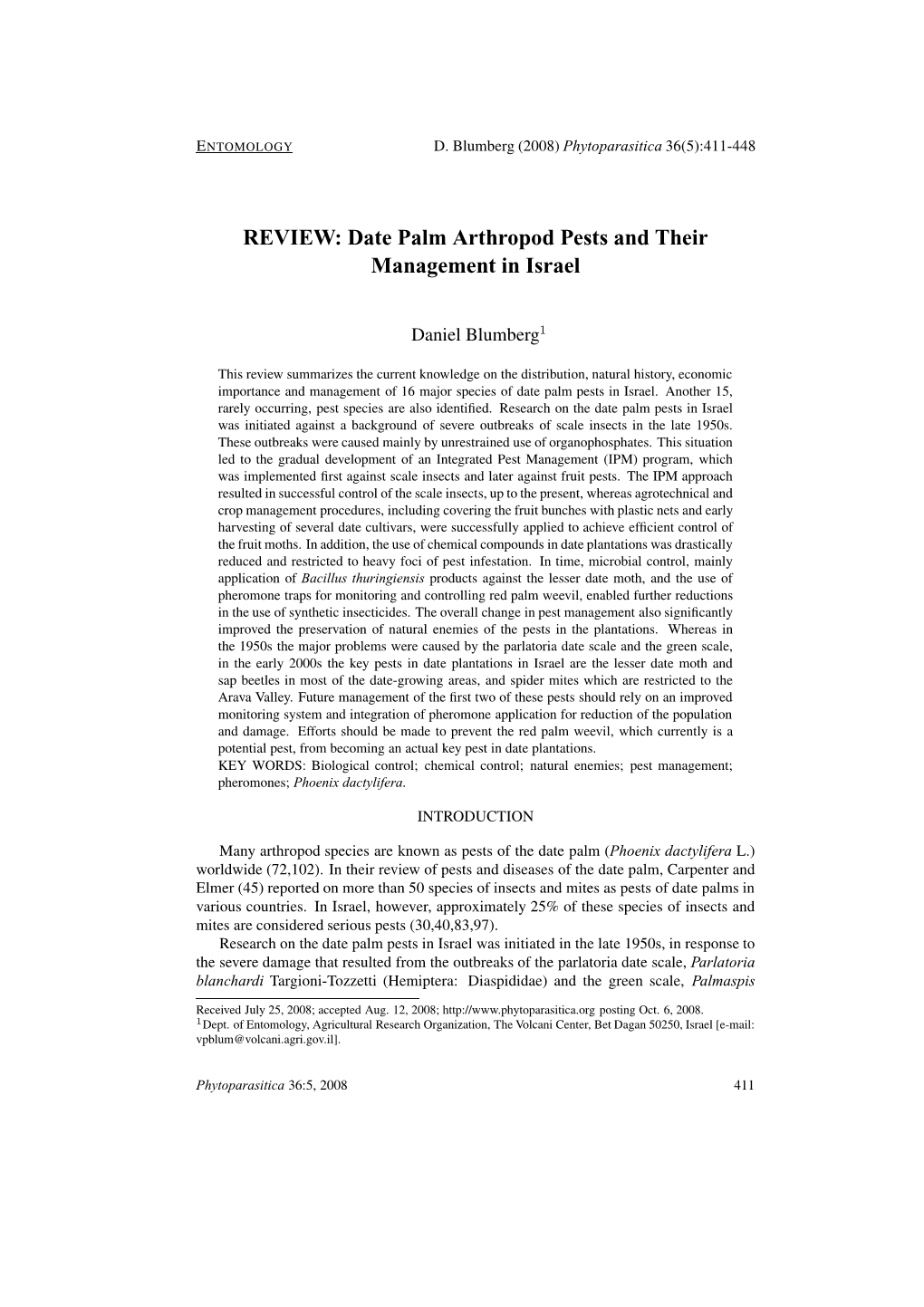 Date Palm Arthropod Pests and Their Management in Israel