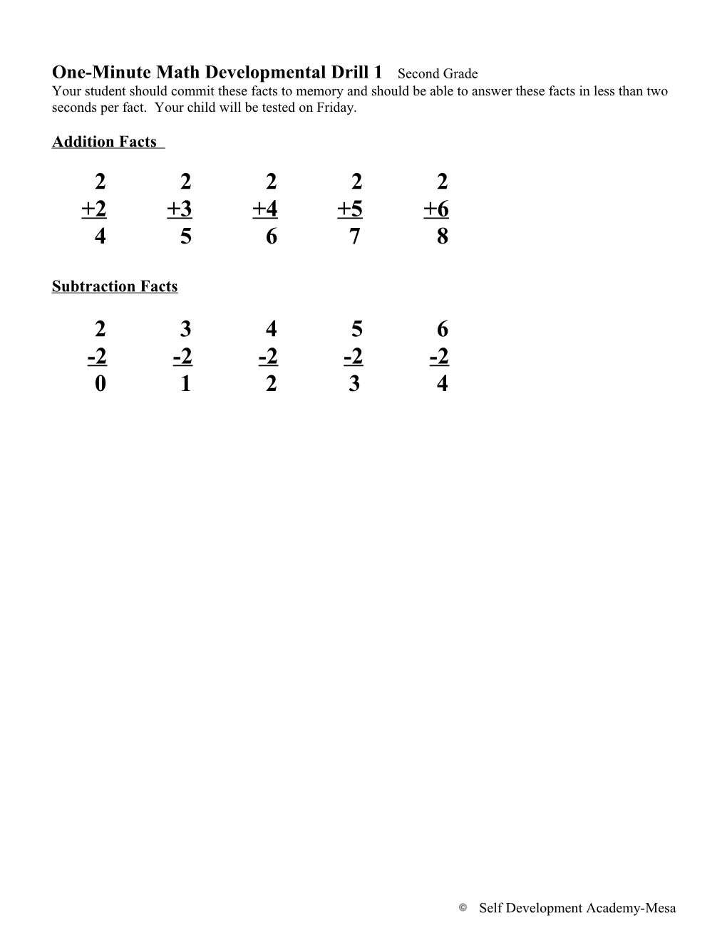 One-Minute Math Developmental Drill 1 Second Grade