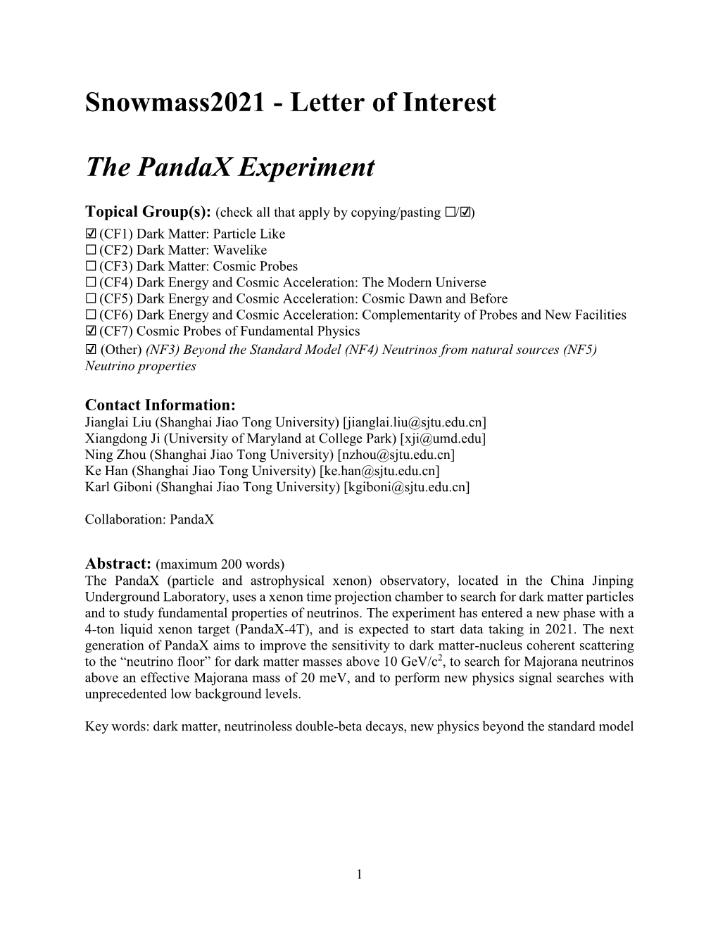 Letter of Interest the Pandax Experiment