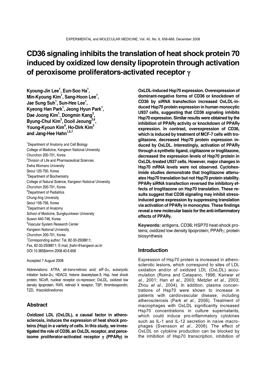 CD36 Signaling Inhibits the Translation of Heat Shock Protein 70 Induced