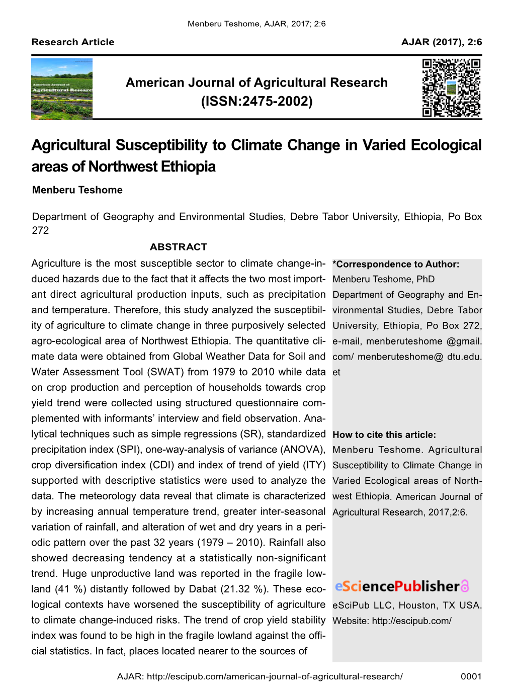 Agricultural Susceptibility to Climate Change in Varied Ecological Areas of Northwest Ethiopia Menberu Teshome