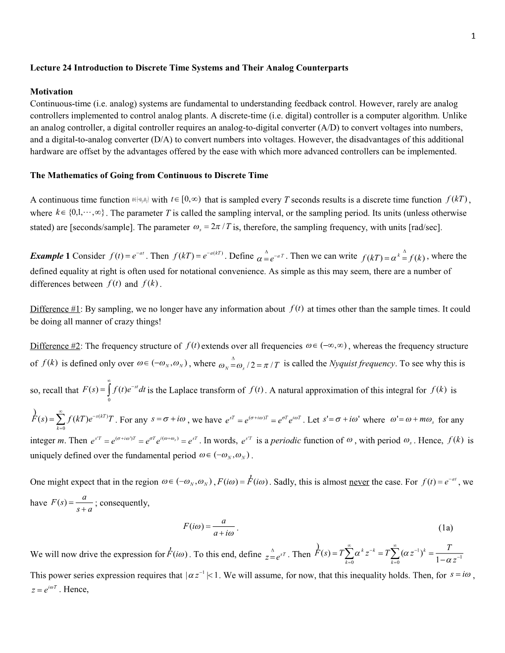 Lecture 24 Introduction to Discrete Time Systems and Their Analog Counterparts