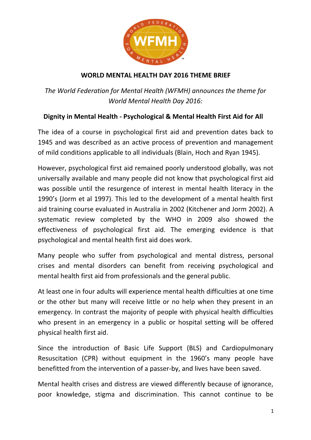 World Mental Health Day 2016 Theme Brief