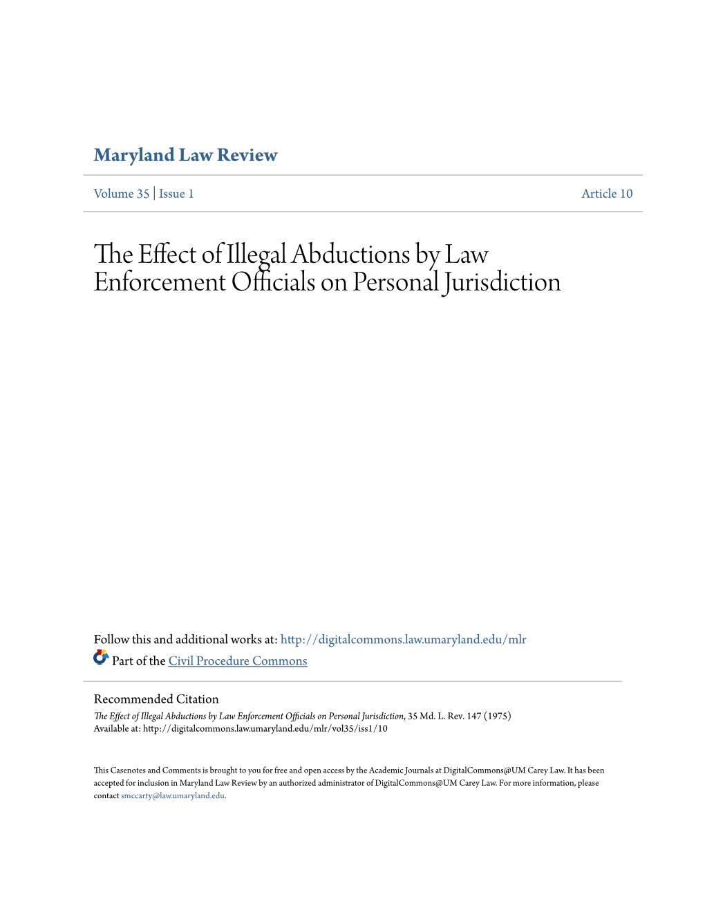 The Effect of Illegal Abductions by Law Enforcement Officials on Personal Jurisdiction, 35 Md
