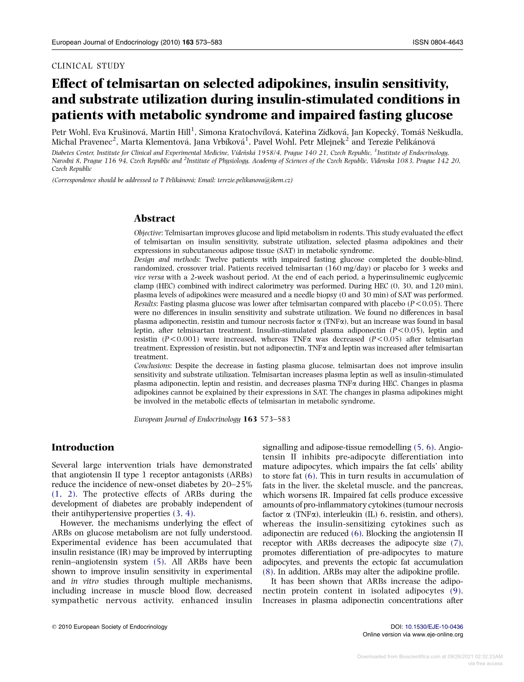 Effect of Telmisartan on Selected Adipokines, Insulin Sensitivity, And