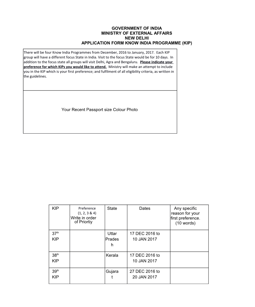 Government of India Ministry of External Affairs New Delhi Application Form Know India