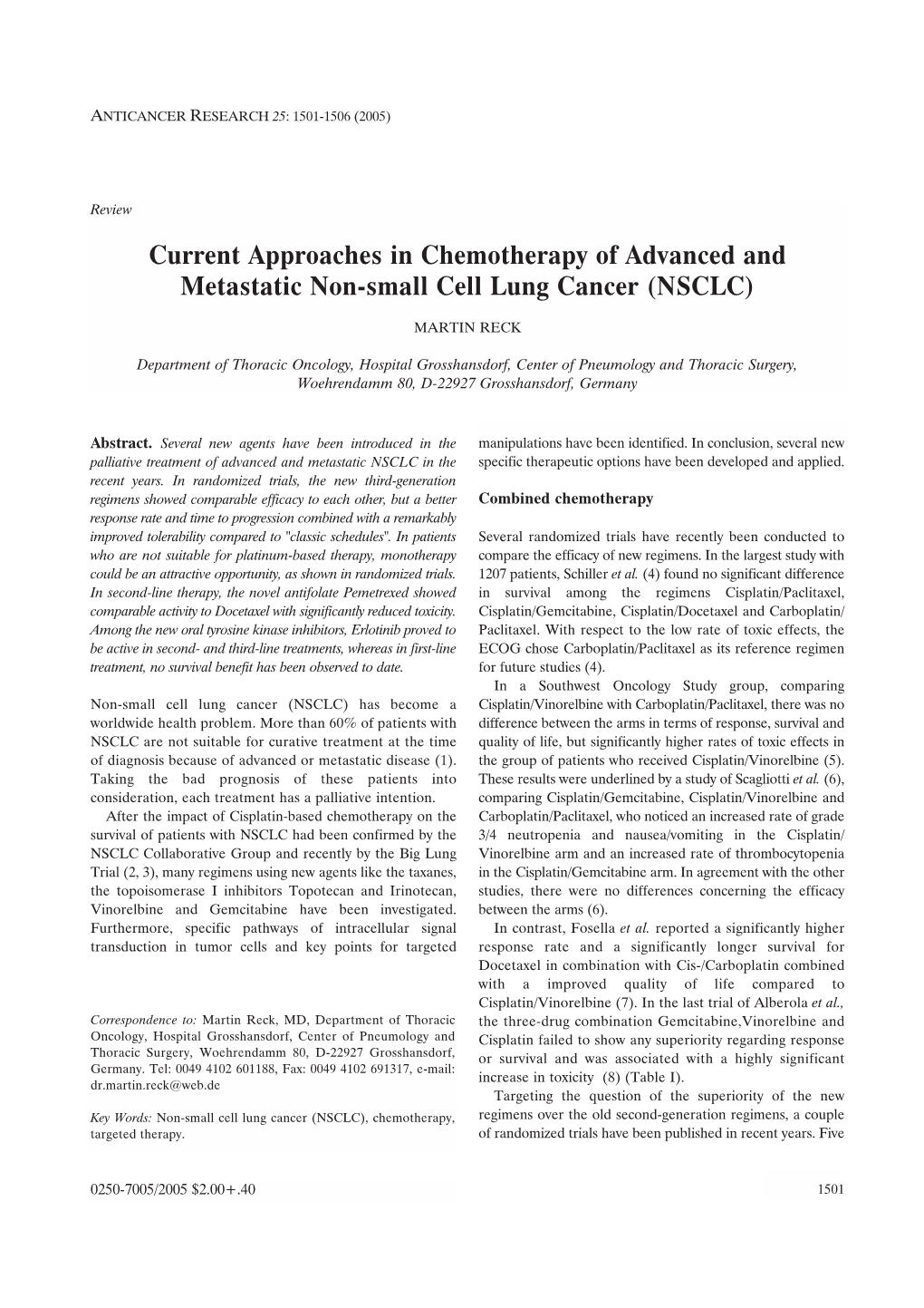 Current Approaches in Chemotherapy of Advanced and Metastatic Non-Small Cell Lung Cancer (NSCLC)