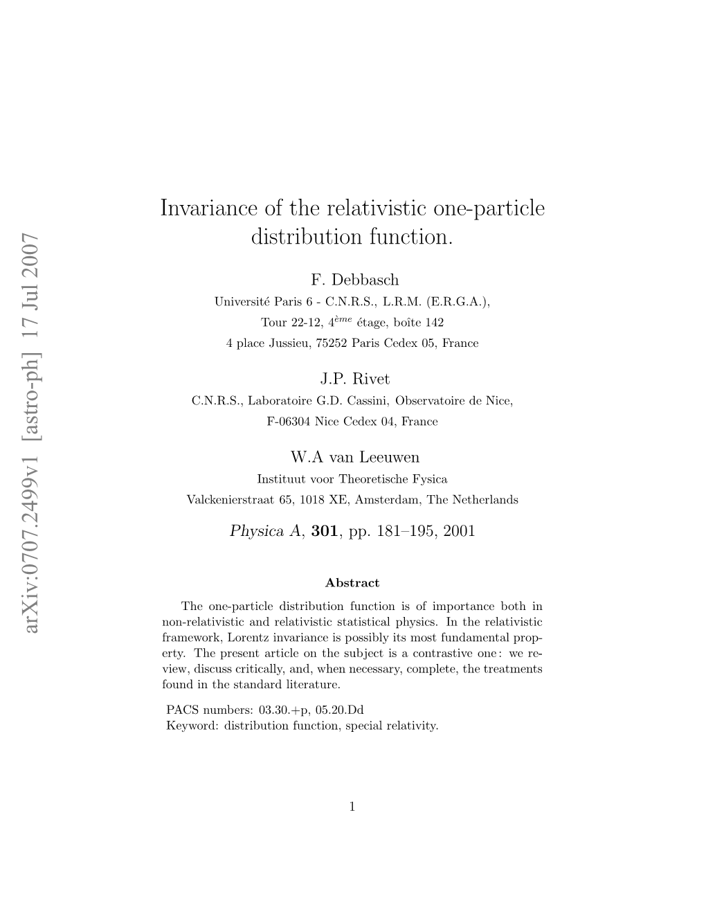 Invariance of the Relativistic One-Particle Distribution Function