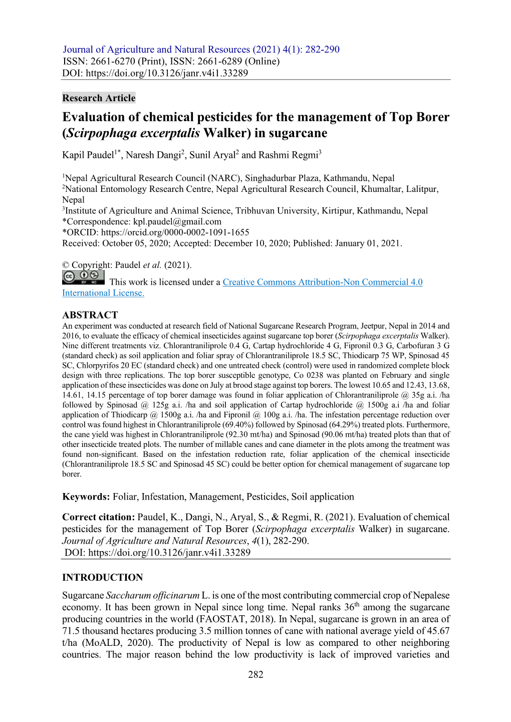 Evaluation of Chemical Pesticides for the Management of Top Borer (Scirpophaga Excerptalis Walker) in Sugarcane