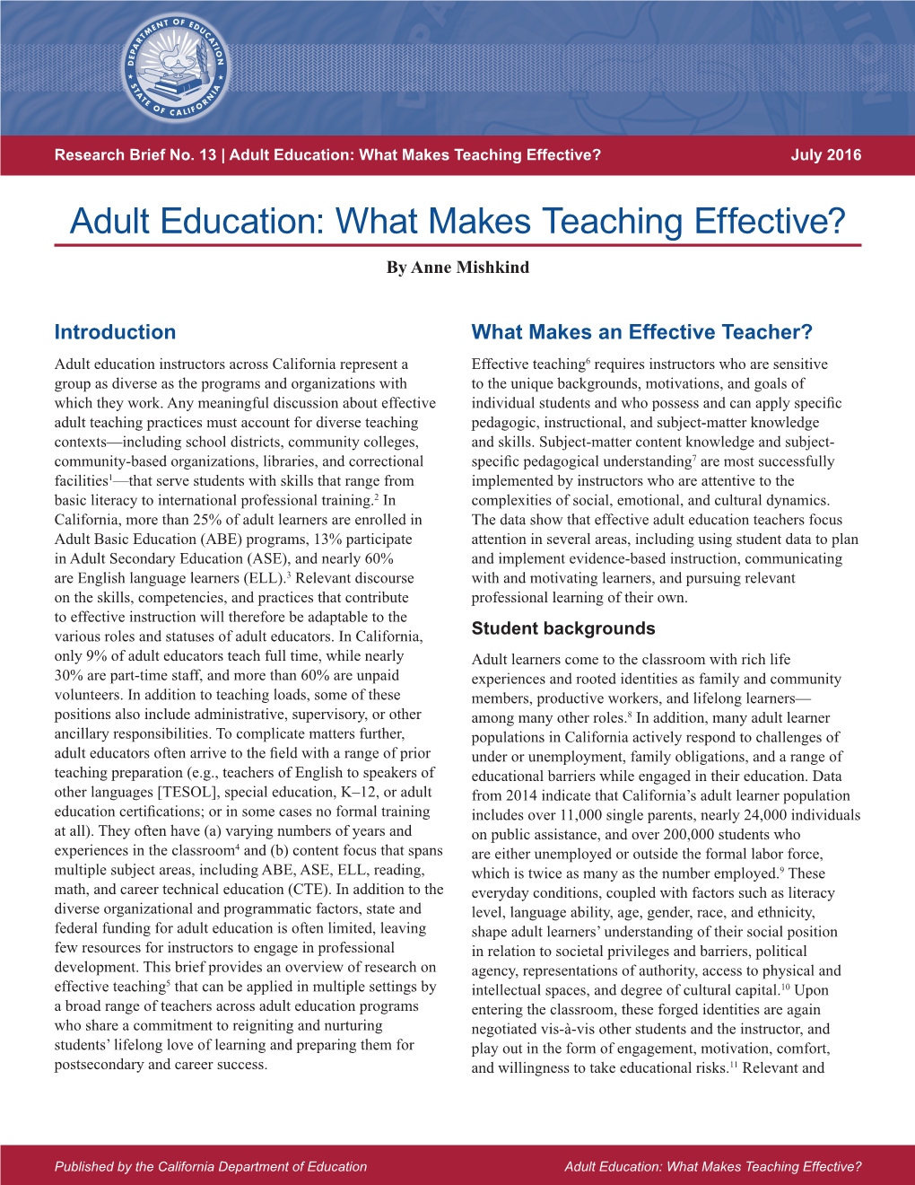 Adult Education: What Makes Teaching Effective? July 2016