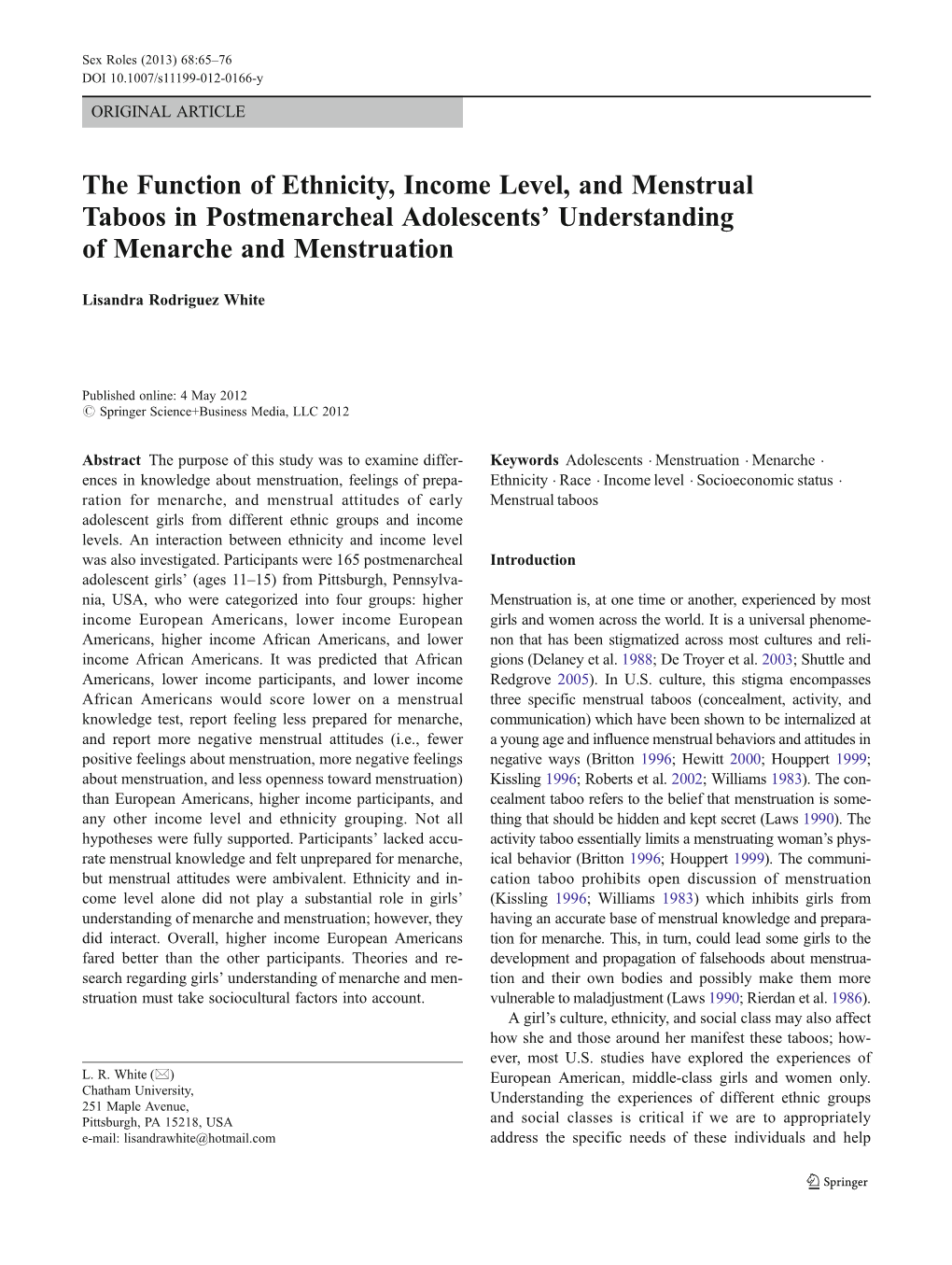 The Function of Ethnicity, Income Level, and Menstrual Taboos in Postmenarcheal Adolescents’ Understanding of Menarche and Menstruation