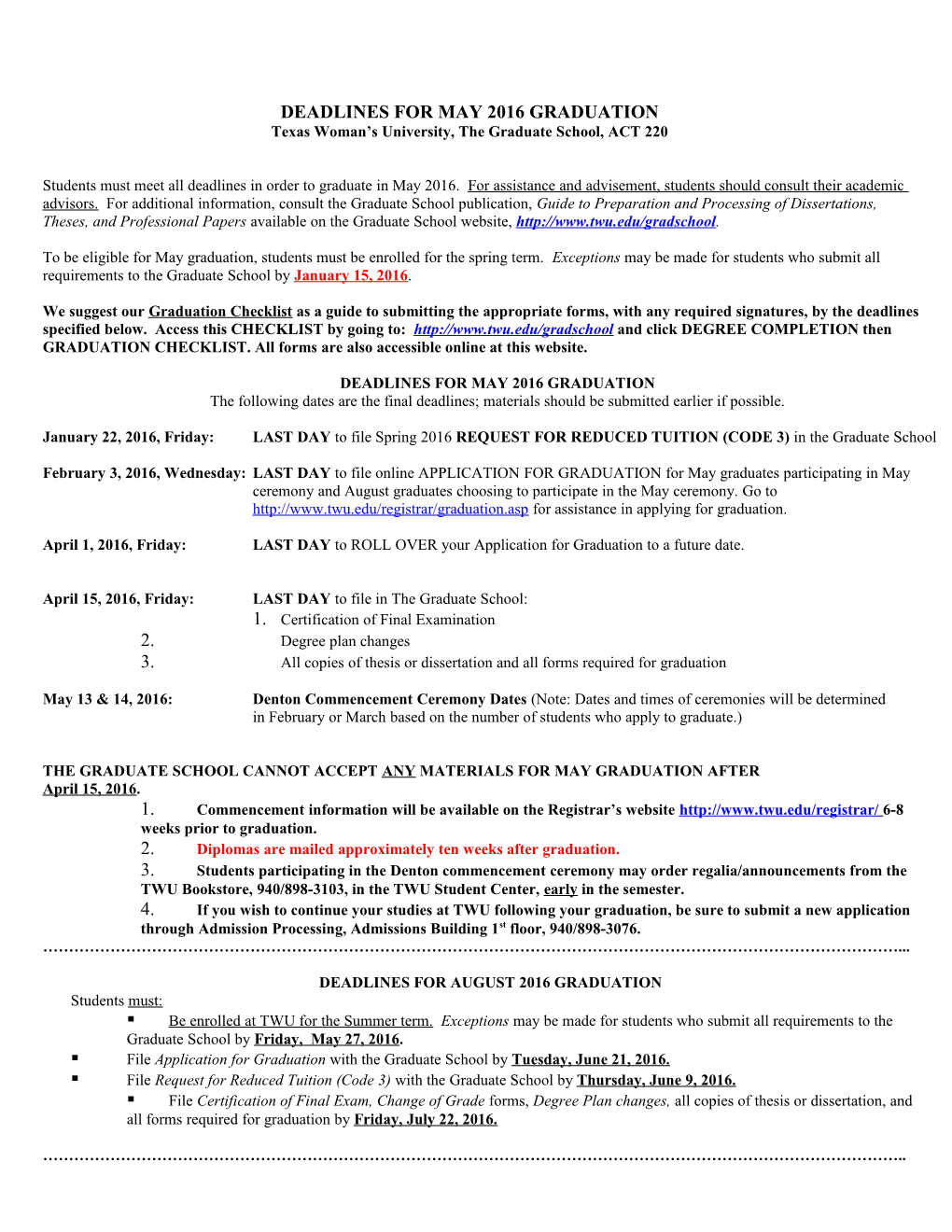 Graduation Deadlines for May 2006