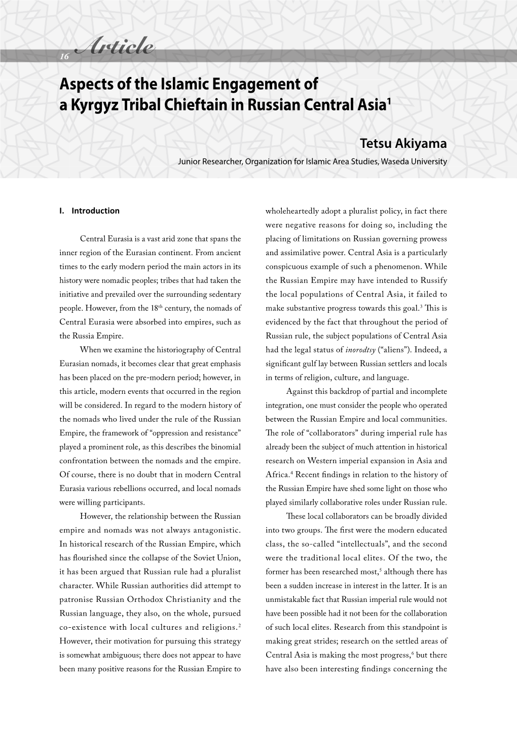 Article Aspects of the Islamic Engagement of a Kyrgyz Tribal Chieftain in Russian Central Asia1