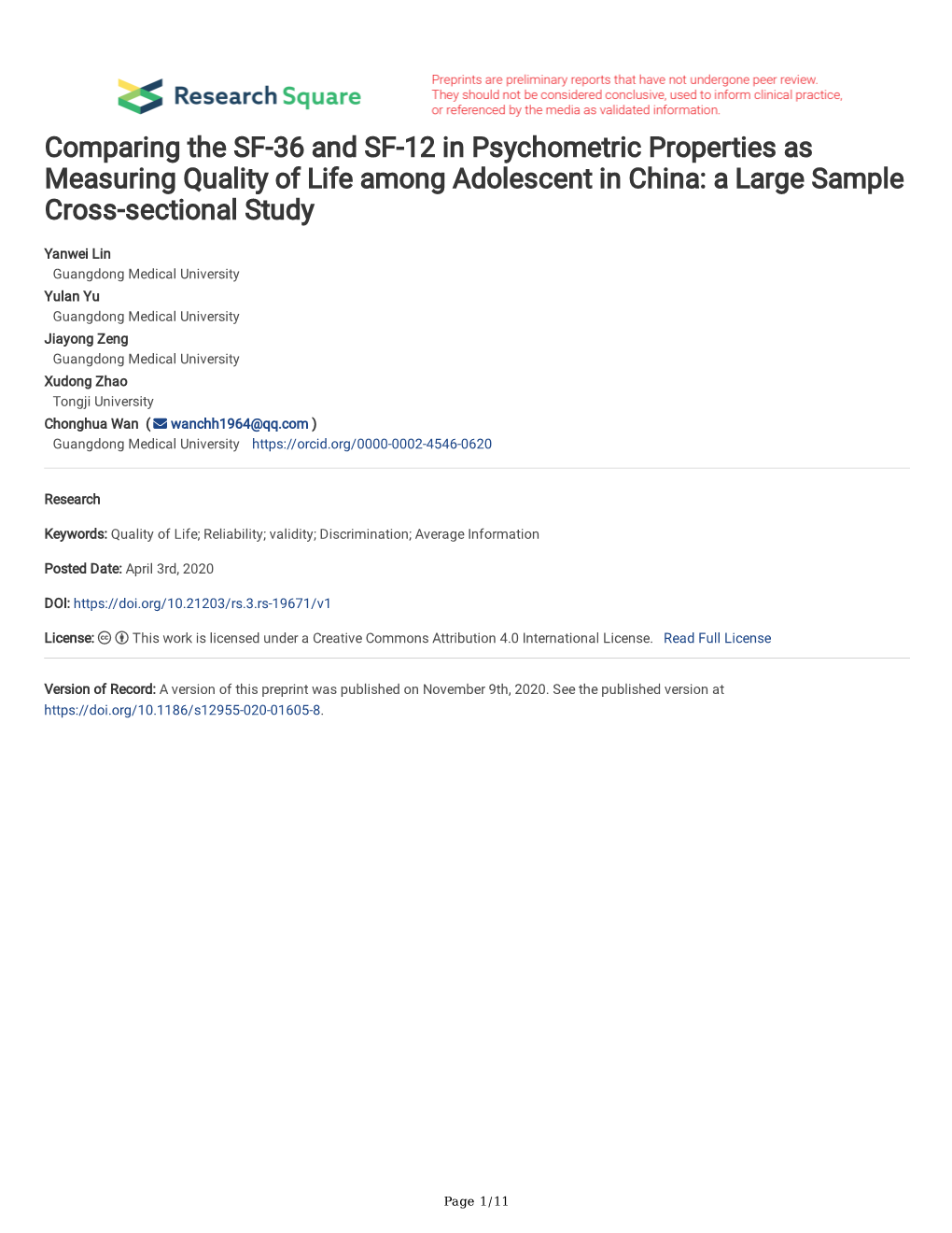 Comparing the SF-36 and SF-12 in Psychometric Properties As Measuring Quality of Life Among Adolescent in China: a Large Sample Cross-Sectional Study