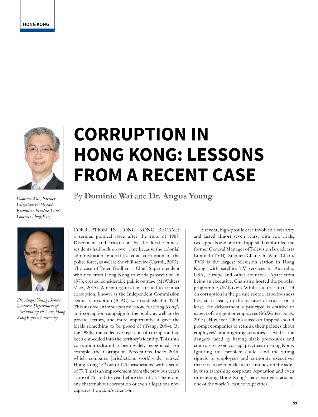 Corruption in Hong Kong: Lessons from a Recent Case