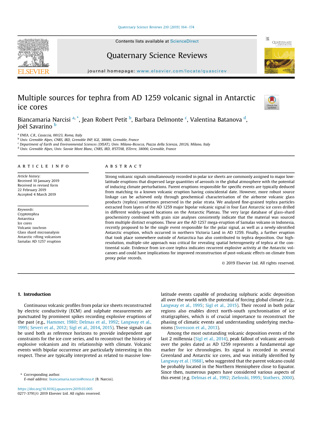 Multiple Sources for Tephra from AD 1259 Volcanic Signal in Antarctic Ice Cores