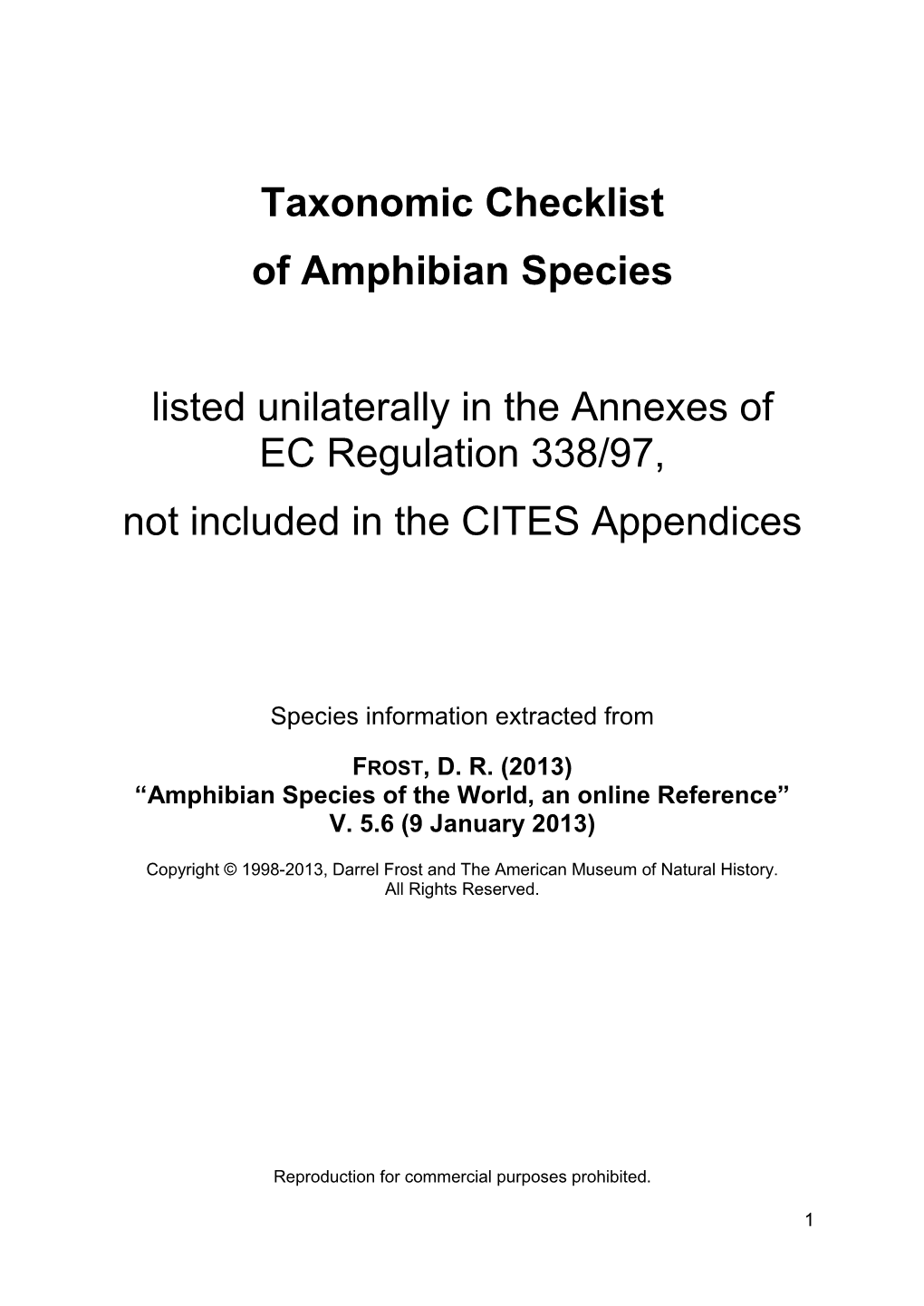 Taxonomic Checklist of Amphibian Species Listed Unilaterally in The