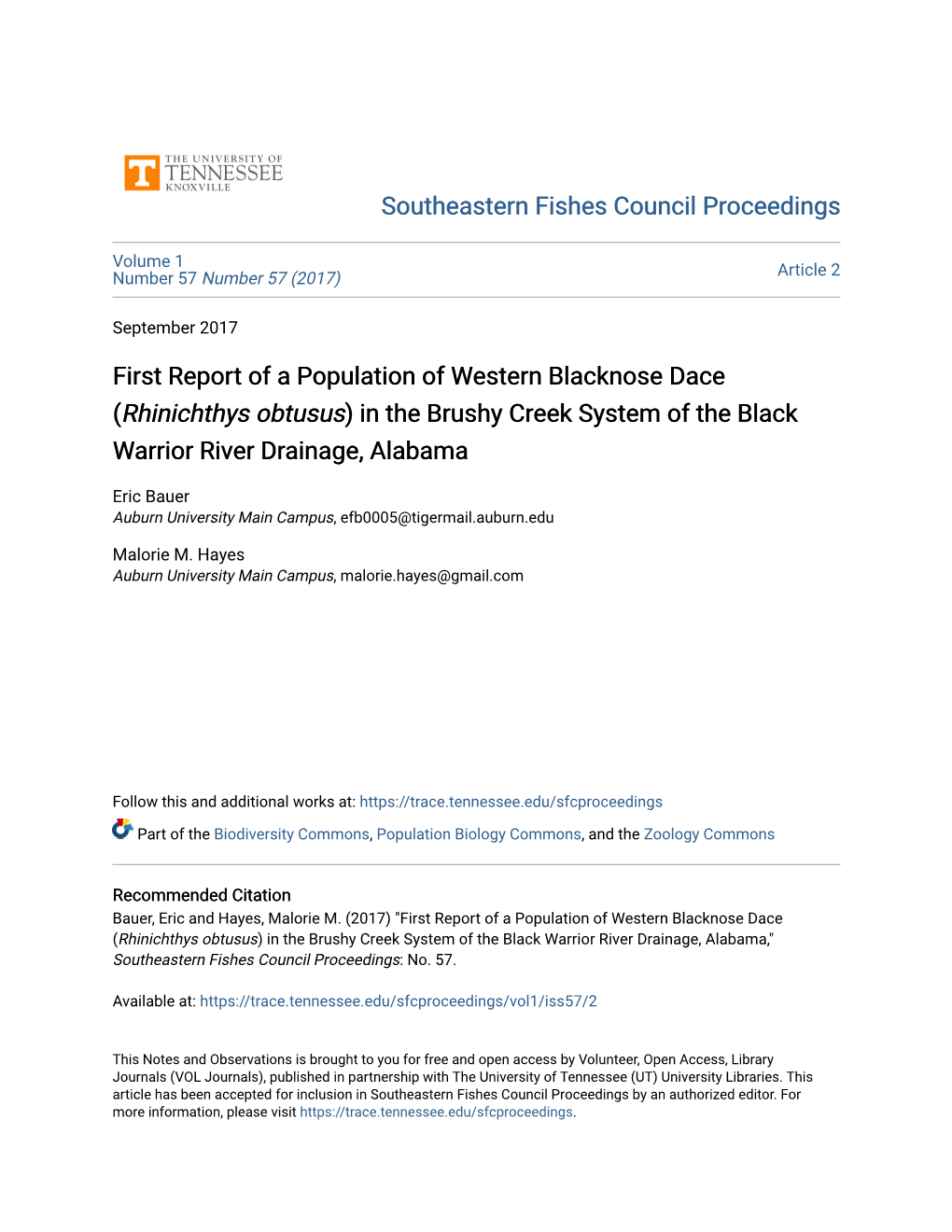 First Report of a Population of Western Blacknose Dace (&lt;I&gt;Rhinichthys