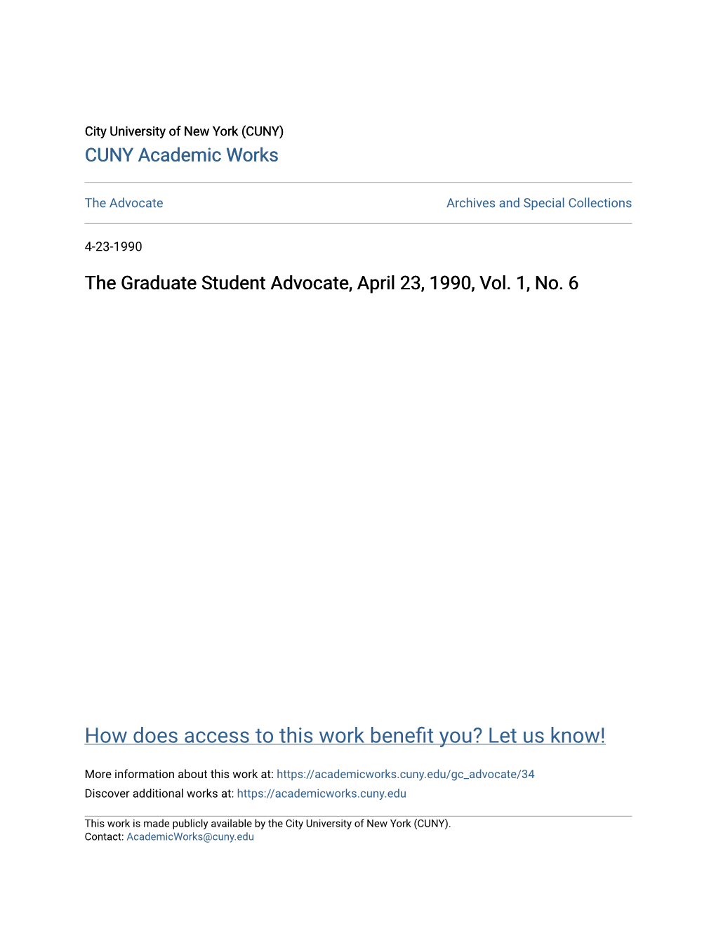 The Graduate Student Advocate, April 23, 1990, Vol