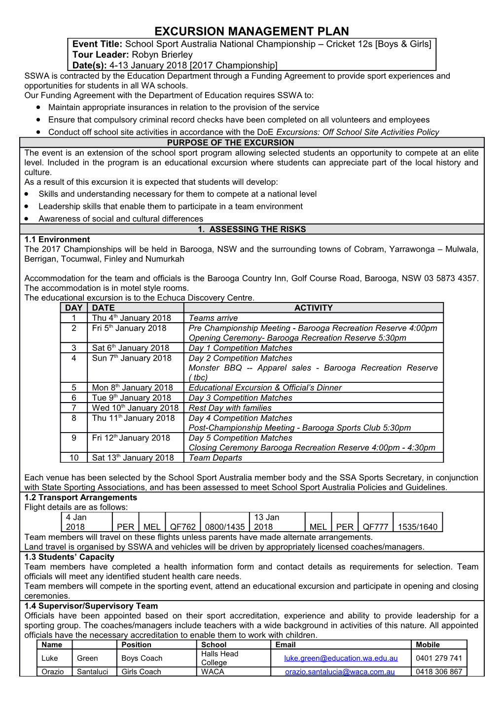 Excursion Management Plan