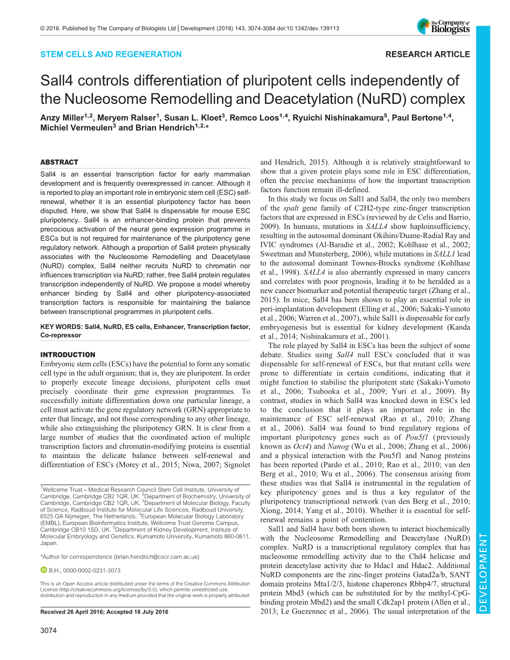 Sall4 Controls Differentiation of Pluripotent Cells Independently of The