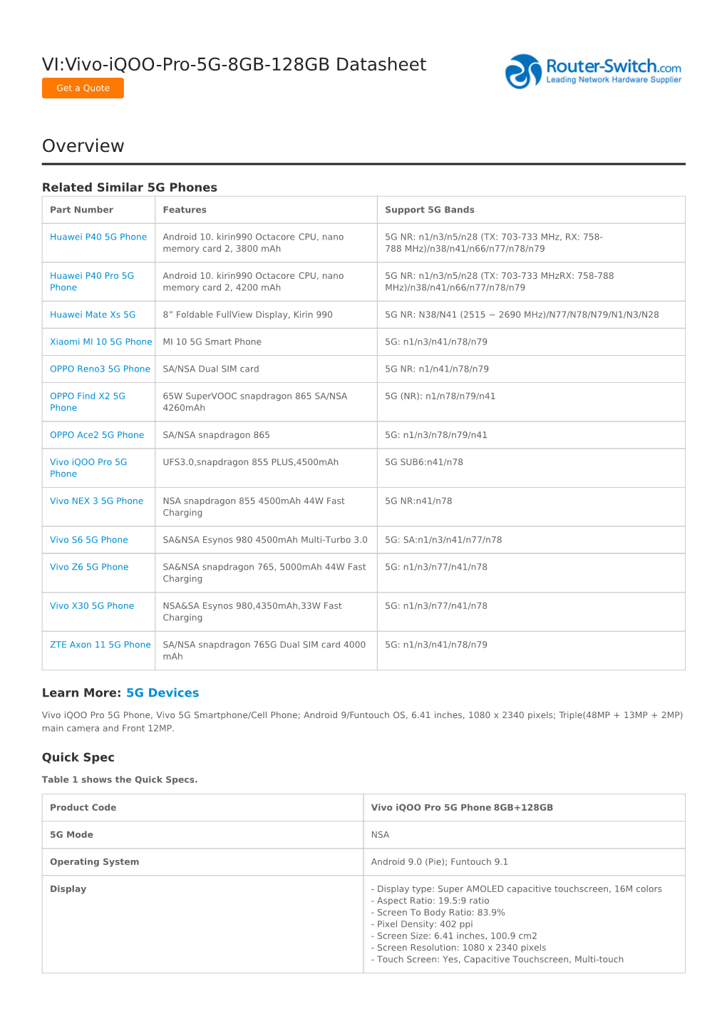 VI:Vivo-Iqoo-Pro-5G-8GB-128GB Datasheet Overview