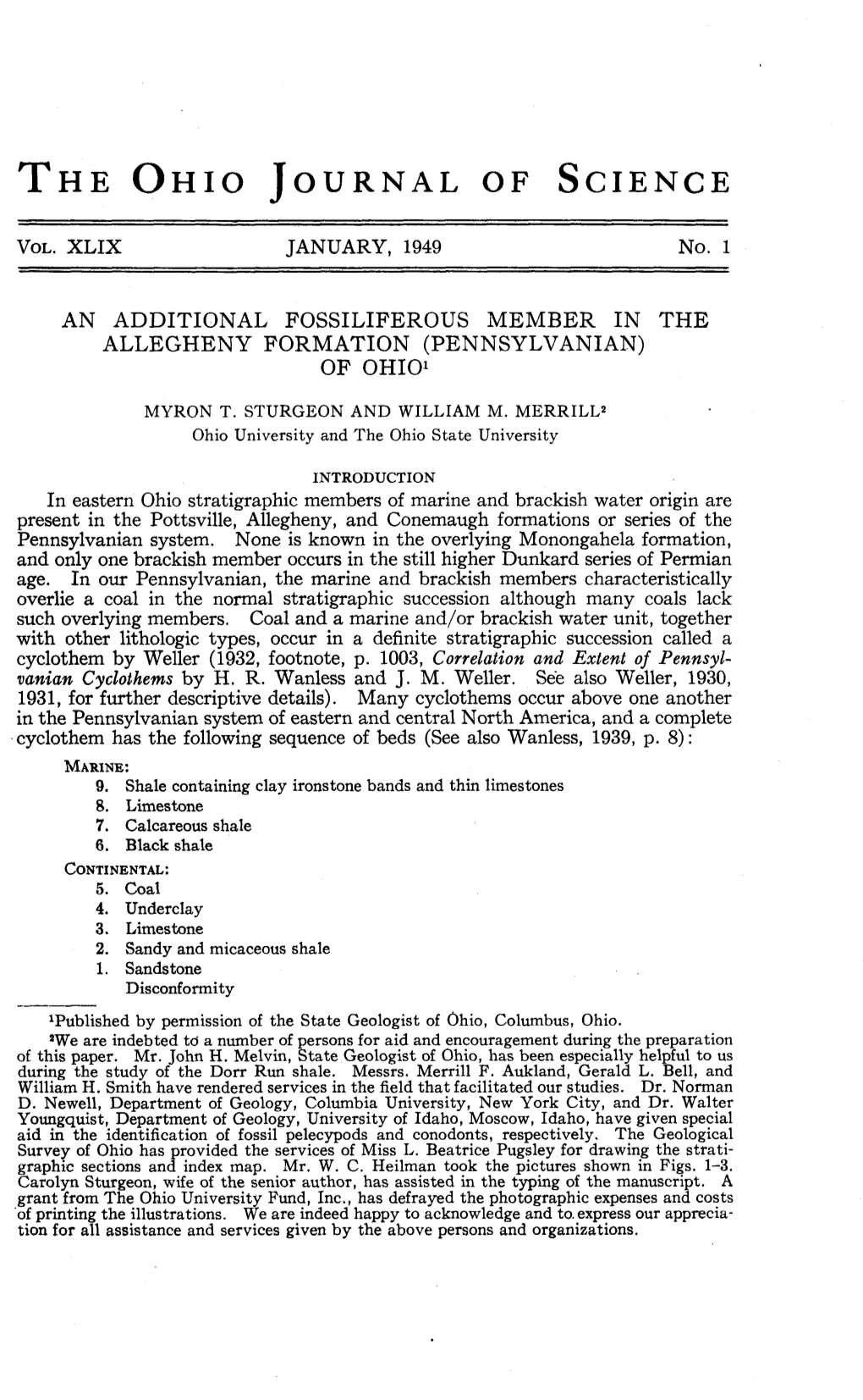 An Additional Fossiliferous Member in the Allegheny Formation (Pennsylvanian) of Ohio1