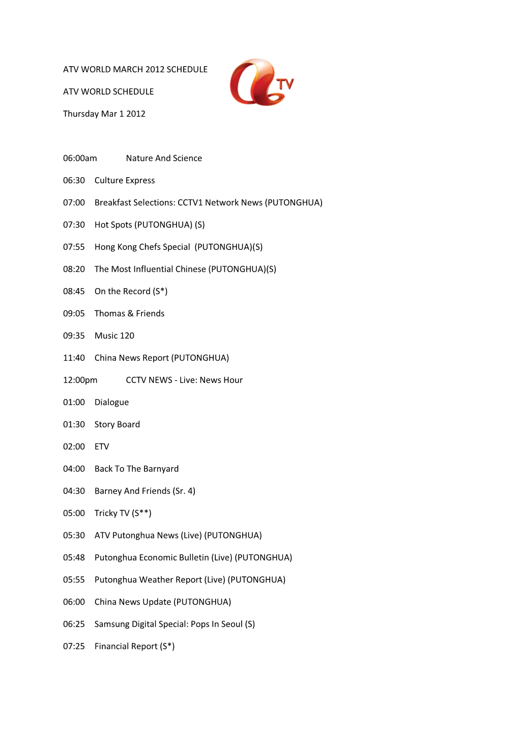 Atv World March 2012 Schedule