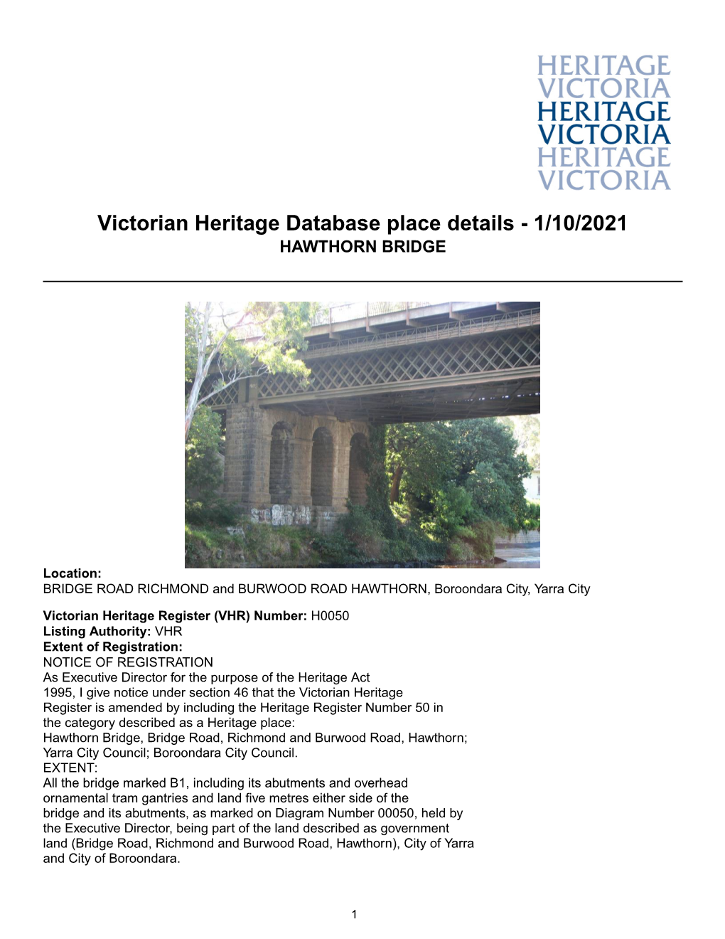 Victorian Heritage Database Place Details - 1/10/2021 HAWTHORN BRIDGE