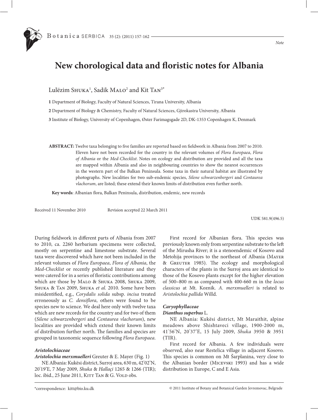 New Chorological Data and Floristic Notes for Albania