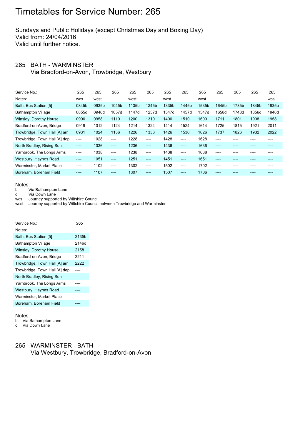 Timetables for Service Number: 265