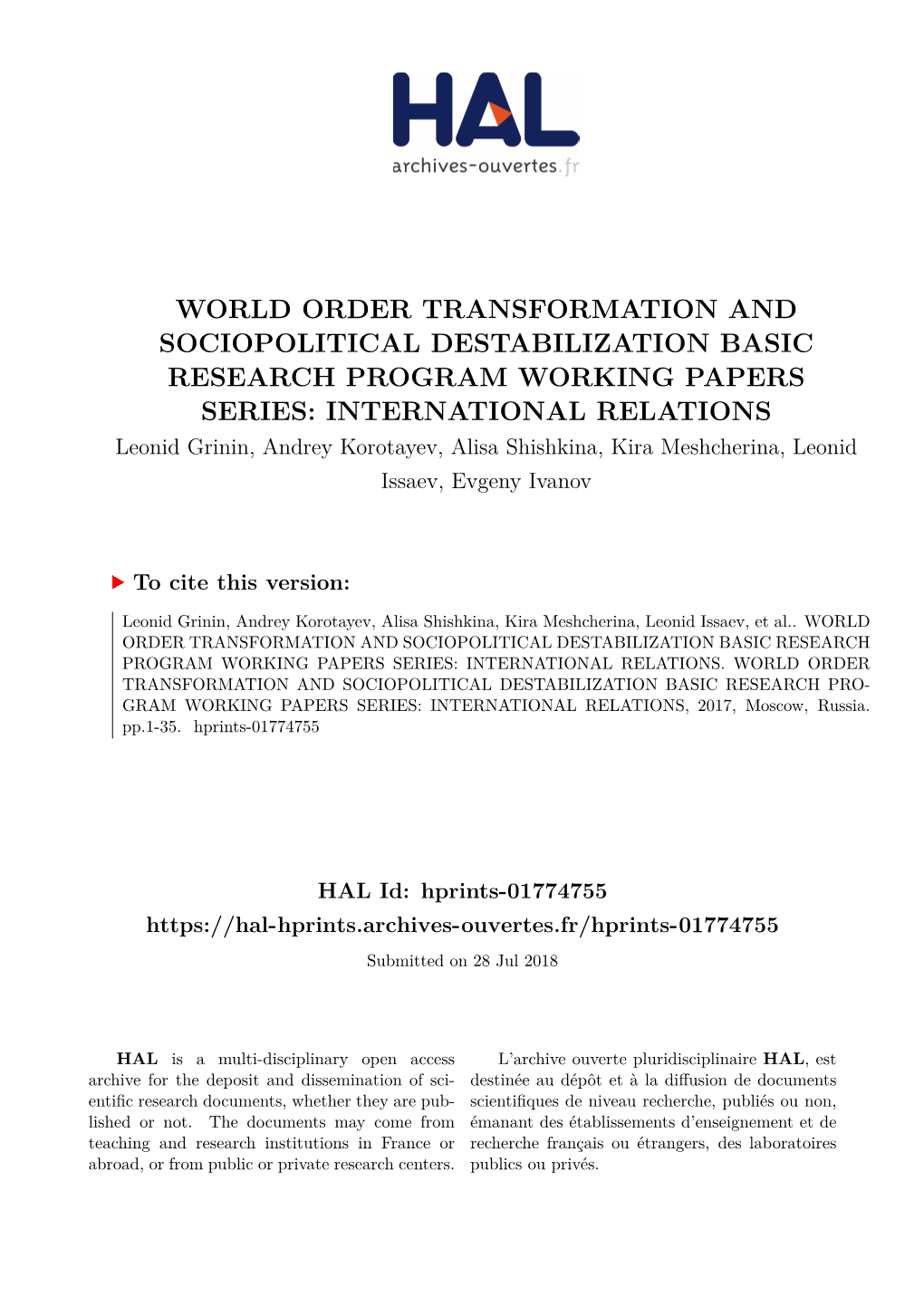 World Order Transformation and Sociopolitical Destabilization Basic