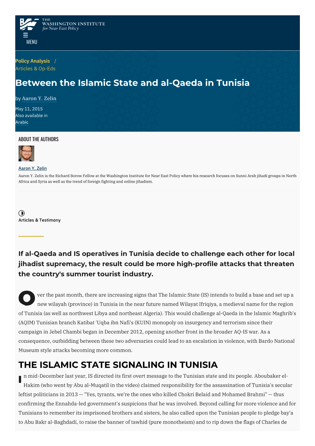 Between the Islamic State and Al-Qaeda in Tunisia by Aaron Y