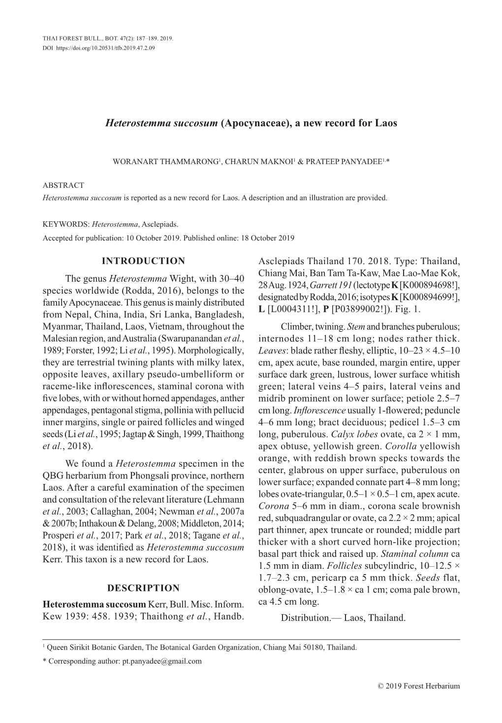 Heterostemma Succosum (Apocynaceae), a New Record for Laos