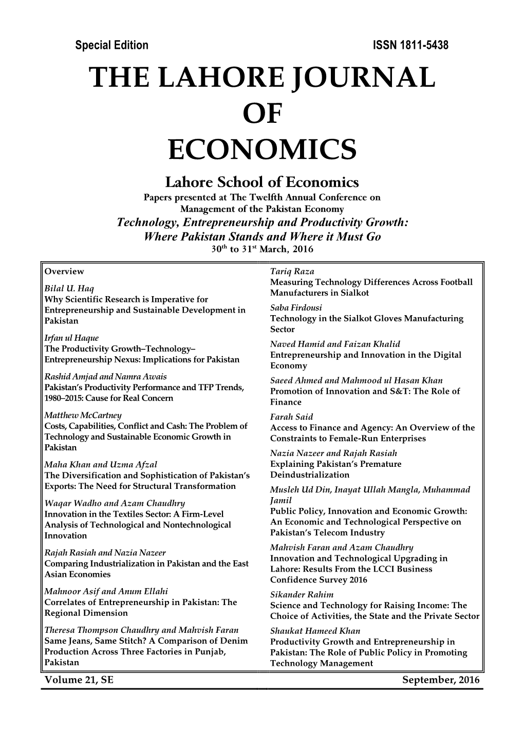 The Lahore Journal of Economics