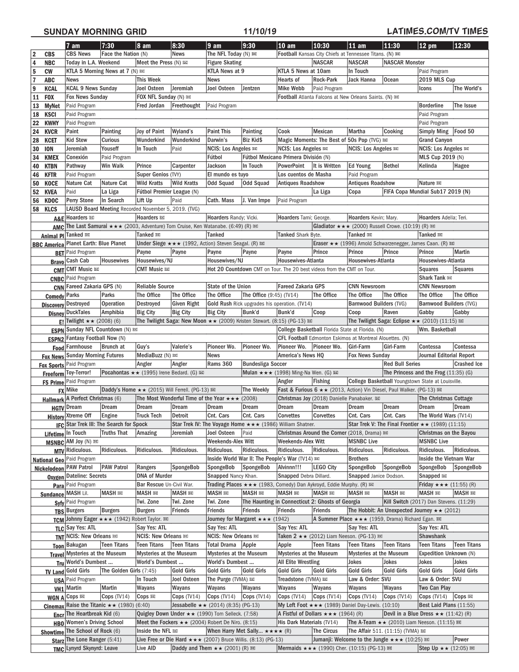 Sunday Morning Grid 11/10/19 Latimes.Com/Tv Times