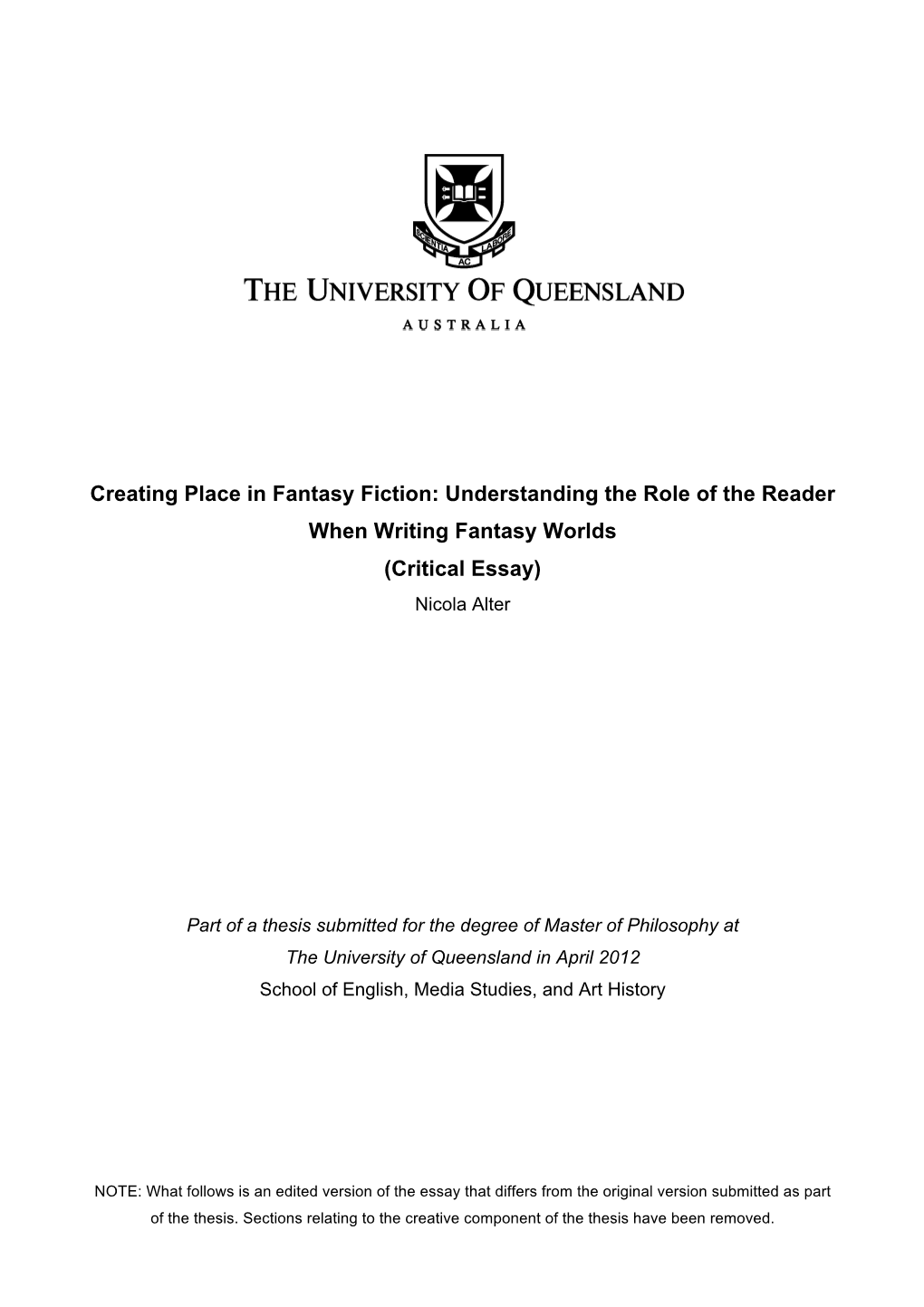 Creating Place in Fantasy Fiction: Understanding the Role of the Reader When Writing Fantasy Worlds (Critical Essay) Nicola Alter