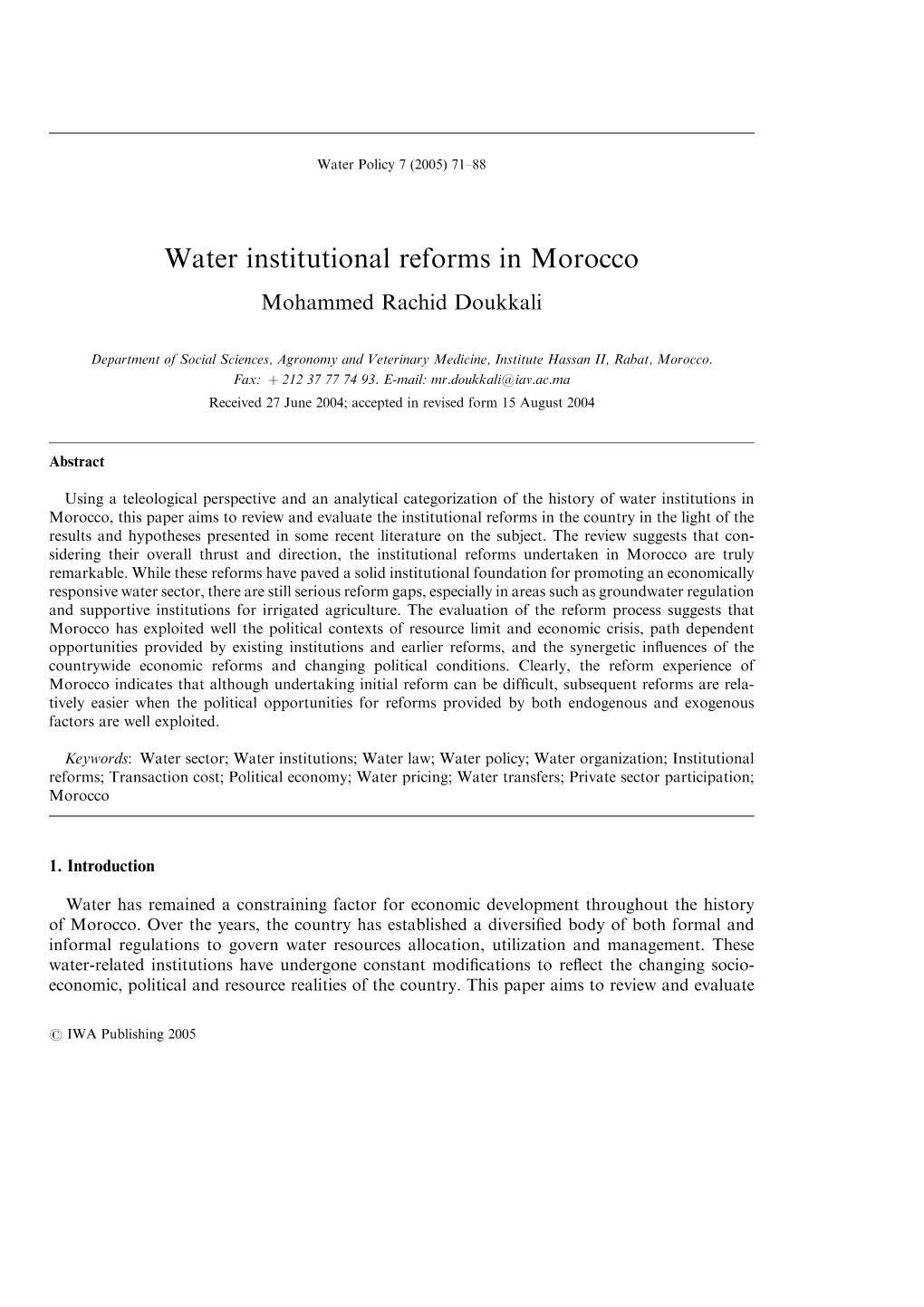 Water Institutional Reforms in Morocco Mohammed Rachid Doukkali