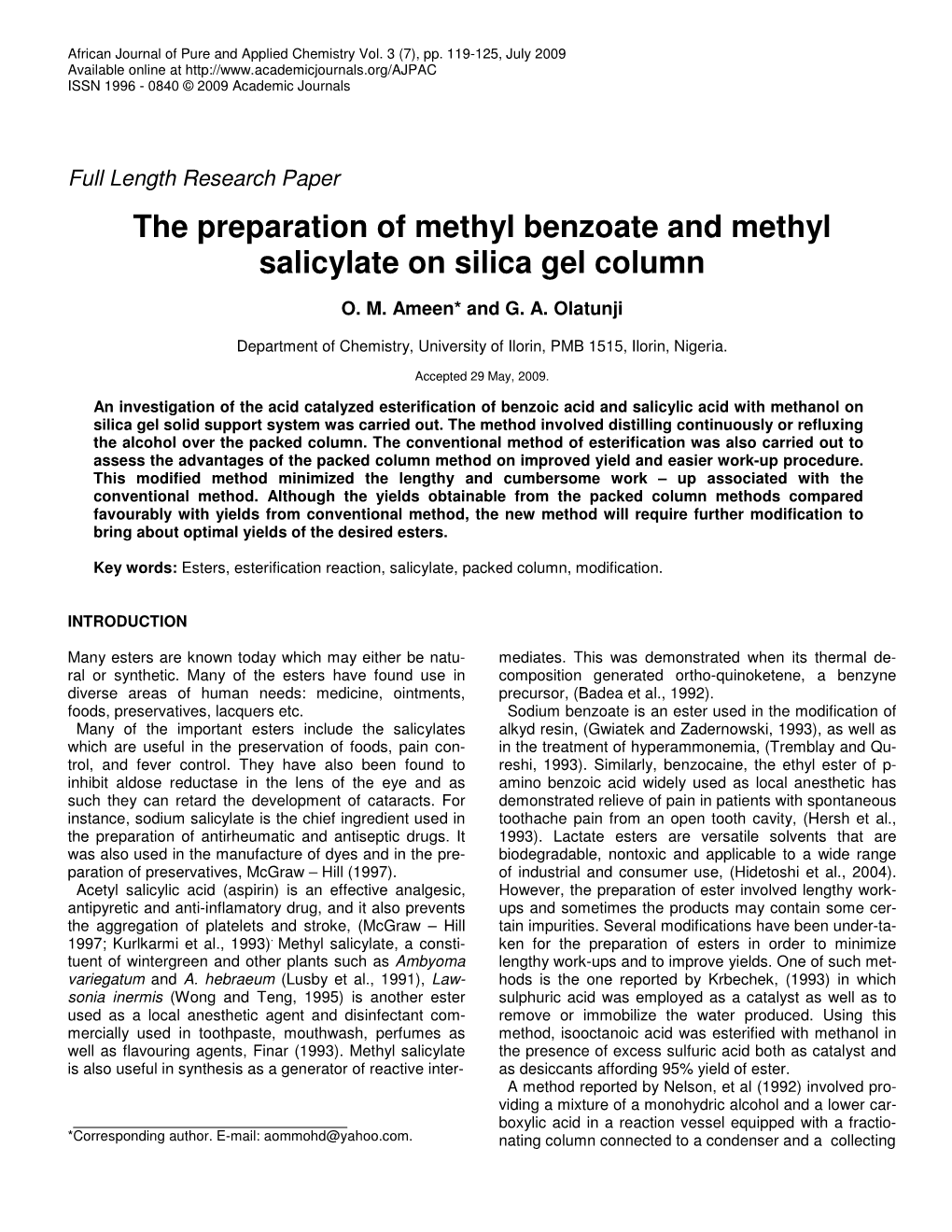 The Preparation of Methyl Benzoate and Methyl Salicylate on Silica Gel Column